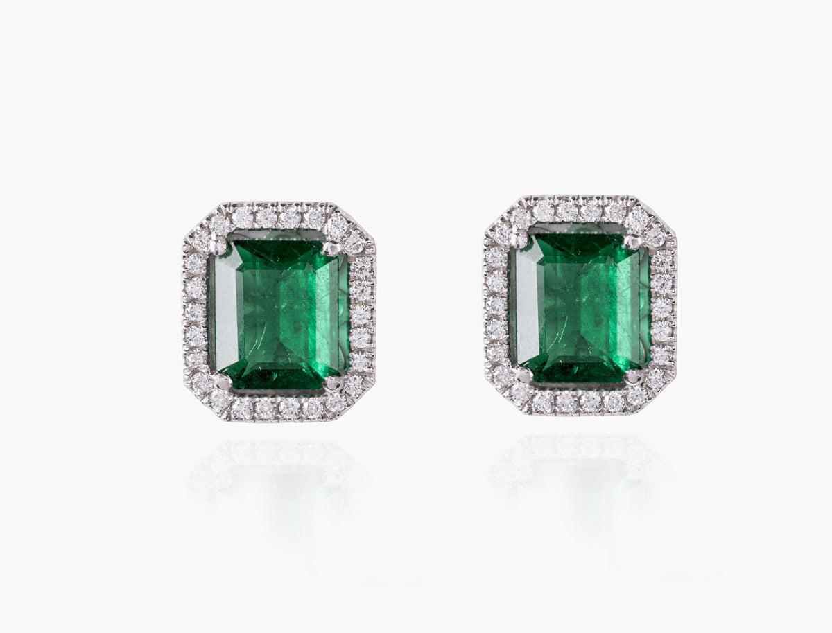 Emerald Halo Diamond Earrings in white gold