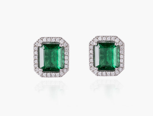 Emerald Halo Diamond Earrings in white gold